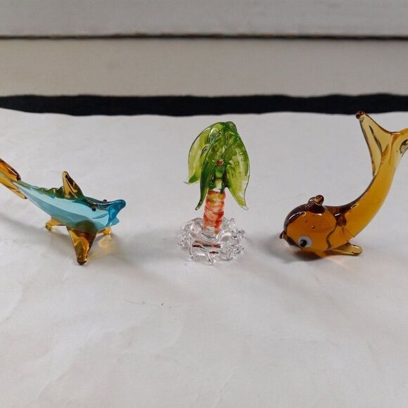 Minature blown glass figurines Two Fish and Palm Tree Cottagecore…
